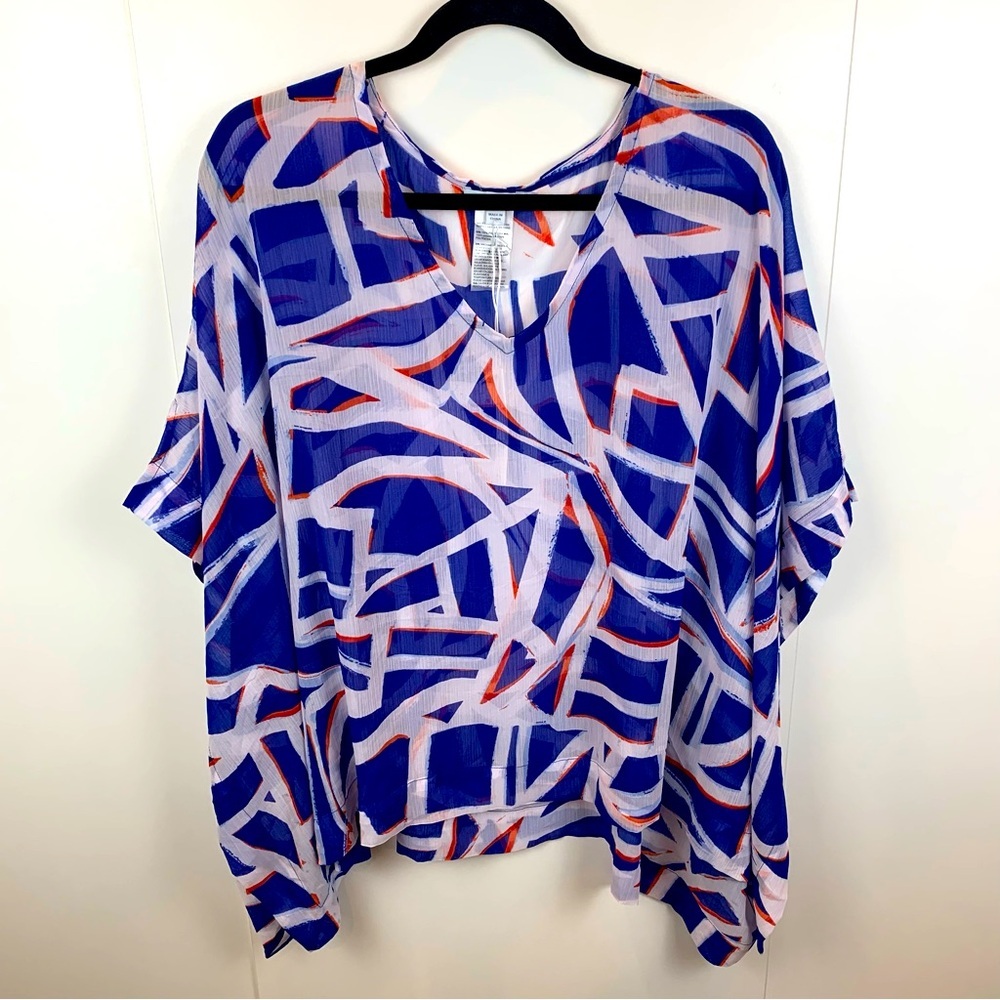 NWT Chico’s S/M Modern Mosaic Poncho Blue Grotto Sheer Lightweight Flowy Boho